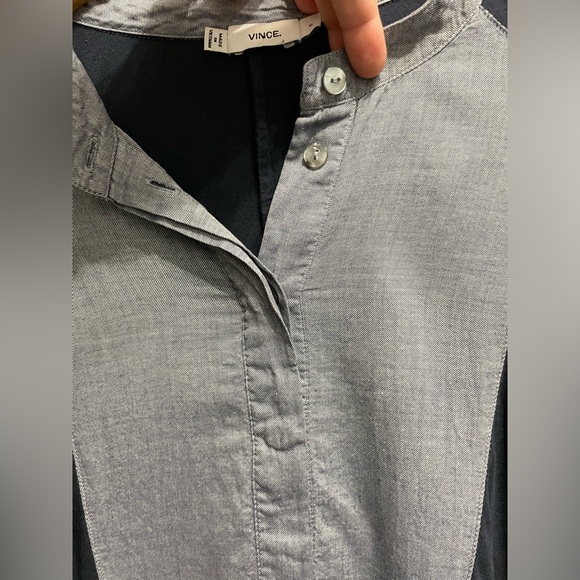 Vince Women’s Mixed Media Tuxedo Tunic Top Navy Blue Mandarin Collar Small - Picture 4 of 8